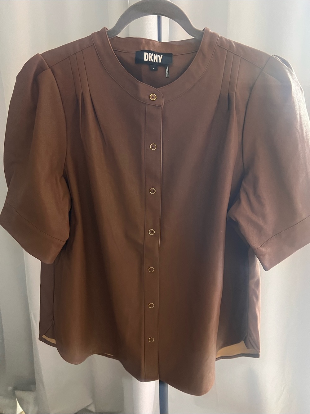 DKNY Brown Leather-Look Button Front Short Sleeve Blouse